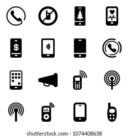 Solid vector icon set - phone vector, no mobile sign, christmas, heart monitor, payment, horn, speaker, antenna, music player, toy