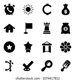 Solid vector icon set - phone alarm vector, sun, cent, money bag, home, flag, chess tower, star medal, pennant, flower, bezier, check, beanbag