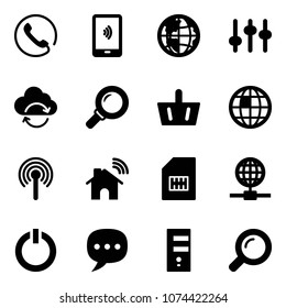 Solid vector icon set - phone vector, mobile payment, globe, settings, refresh cloud, magnifier, basket, antenna, wireless home, sim, standby button, chat, server