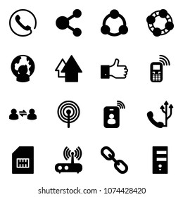 Solid vector icon set - phone vector, share, social, friends, man globe, arrow up, finger, mobile, information exchange, antenna, identity card, sim, wi fi router, link, server