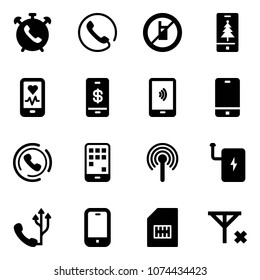 Solid vector icon set - phone alarm vector, no mobile sign, christmas, heart monitor, payment, horn, antenna, power bank, sim, signal