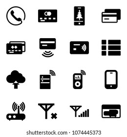 Solid vector icon set - phone vector, credit card, christmas mobile, tap pay, menu, upload cloud, server wireless, music player, wi fi router, no signal, fine, generator