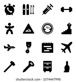 Solid vector icon set - phone alarm vector, ski, syringe, barbell, gymnastics, car crash road sign, limited distance, success, plane, piston, terms plan, sledgehammer, screw, tool cabinet, brush