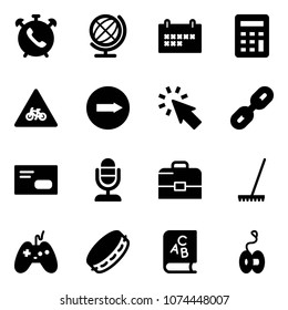 Solid vector icon set - phone alarm vector, globe, schedule, calculator, road for moto sign, only right, cursor, link, envelope, microphone, case, rake, joystick, tambourine, abc book, yoyo