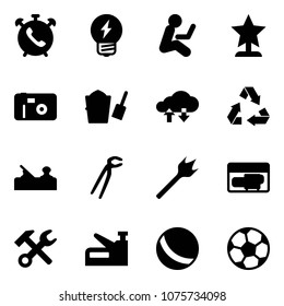 Solid vector icon set - phone alarm vector, idea, award, photo, bucket scoop, cloud exchange data, recycling, jointer, plumber, wood drill, generator, wrench hammer, stapler, ball, soccer