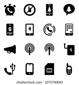 Solid vector icon set - phone alarm vector, no mobile sign, christmas, merry message, payment, horn, speaker, antenna, power bank, sim, toy