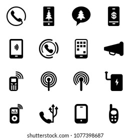 Solid vector icon set - phone vector, christmas mobile, merry message, payment, horn, speaker, antenna, power bank, music player, toy