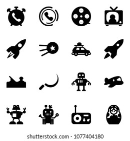 Solid vector icon set - phone alarm vector, horn, film coil, tv news, rocket, first satellite, car baggage, jointer, sickle, robot, plane toy, radio, russian doll