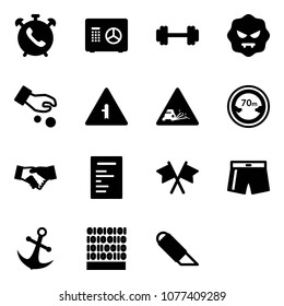 Solid vector icon set - phone alarm vector, safe, barbell, virus, investment, intersection road sign, gravel, limited distance, agreement, document, flags cross, swimsuit, anchor, binary code