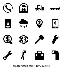 Solid vector icon set - phone vector, officer window, fork loader, baggage truck, mobile payment, money rain, dollar pin, click, gear globe, rubber hammer, wrench, plumber, tool box, allen key