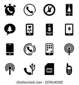 Solid vector icon set - phone alarm vector, no mobile sign, christmas, merry message, heart monitor, payment, horn, antenna, sim, toy