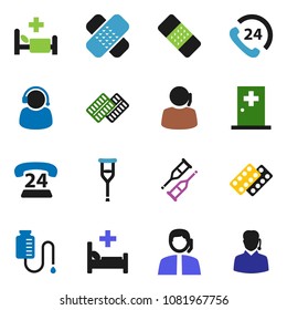 solid vector icon set - phone 24 vector, support, crutches, patch, pills blister, hospital bed, drop counter, medical room