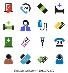 solid vector icon set - phone 24 vector, support, crutches, patch, pills blister, hospital bed, drop counter, medical room