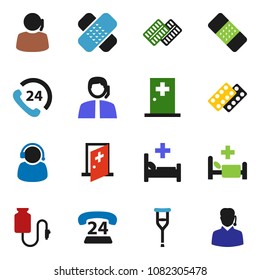 solid vector icon set - phone 24 vector, support, crutches, patch, pills blister, hospital bed, drop counter, medical room