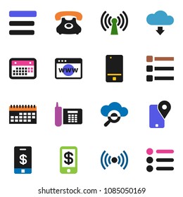 solid vector icon set - phone vector, traking, calendar, mobile, cloud glass, browser, menu, download, wireless, tap pay