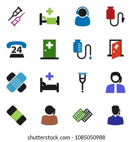 solid vector icon set - phone 24 vector, support, crutches, patch, pills blister, hospital bed, drop counter, medical room