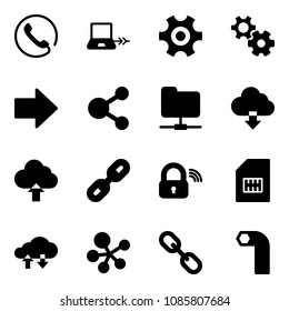 Solid vector icon set - phone vector, notebook connect, gear, right arrow, share, network folder, download cloud, upload, link, wireless lock, sim, exchange data, molecule, allen key