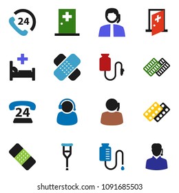 solid vector icon set - phone 24 vector, support, crutches, patch, pills blister, hospital bed, drop counter, medical room