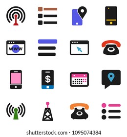 solid vector icon set - phone vector, tracking, calendar, antenna, mobile, browser, menu, wireless, tap pay