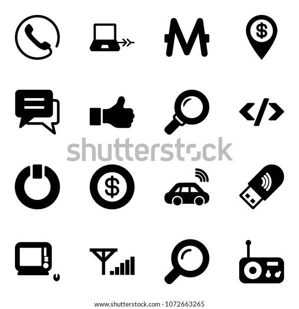 Solid vector icon\
set - phone vector, notebook connect, monero, dollar pin, chat,\
like, magnifier, tag code, standby, car wireless, usb wi fi,\
monoblock pc, fine signal,\
radio