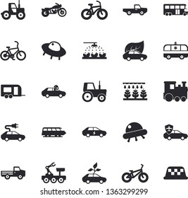 Solid vector icon set - pickup truck flat vector, tractor, sprinkling machine, eco cars, electric, autopilot, ambulance, lunar rover, ufo, bicycle, train fector, trailer, bus, motorcycle, taxi
