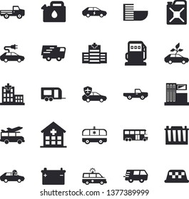 Solid vector icon set - pickup truck flat vector, gas station, refueling, accumulator, canister, eco cars, electric, autopilot, trucking, hospital, ambulance, trailer fector, bus, hotel first line
