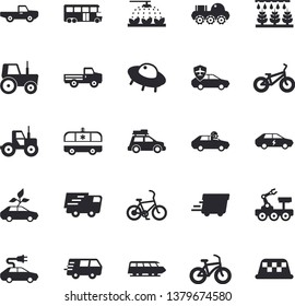 Solid vector icon set - pickup truck flat vector, tractor, sprinkling machine, eco cars, electric, autopilot, trucking, express delivery, ambulance, lunar rover, ufo, bicycle, train fector, car, bus