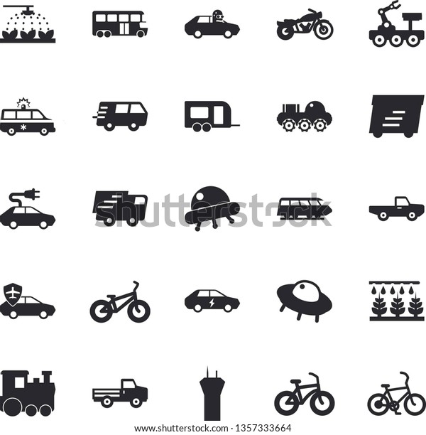 Solid vector icon set - pickup truck flat vector,
sprinkling machine, electric cars, autopilot, trucking, express
delivery, ambulance, lunar rover, ufo, bicycle, train fector,
trailer, bus