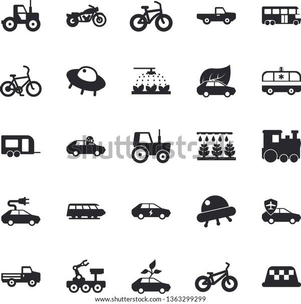 Solid vector icon set - pickup truck flat vector,
tractor, sprinkling machine, eco cars, electric, autopilot,
ambulance, lunar rover, ufo, bicycle, train fector, trailer, bus,
motorcycle, taxi
