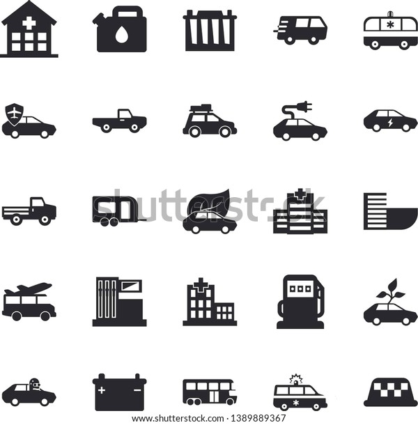 Solid vector icon set - pickup truck flat\
vector, gas station, refueling, accumulator, canister, eco cars,\
electric, autopilot, trucking, hospital, ambulance, car fector,\
trailer, bus, transfer