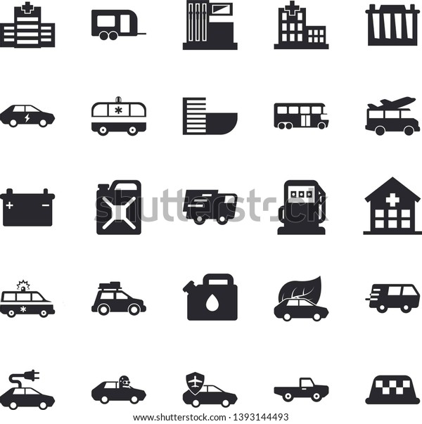 Solid vector icon set - pickup truck flat\
vector, gas station, refueling, accumulator, canister, eco cars,\
electric, autopilot, trucking, hospital, ambulance, car fector,\
trailer, bus, transfer