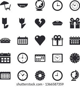 Solid vector icon set - pie flat vector, flower, tulip, calendar, clock, present, heart , chaise lounge, globe