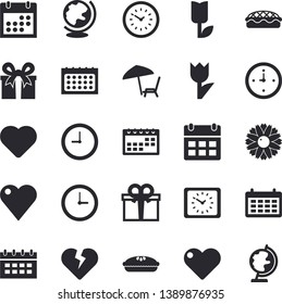 Solid vector icon set - pie flat vector, flower, tulip, calendar, clock, present, heart, chaise lounge fector, globe