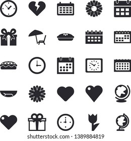 Solid vector icon set - pie flat vector, flower, tulip, calendar, clock, present, heart, sea beach fector, chaise lounge, globe