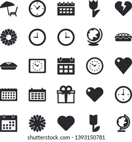 Solid vector icon set - pie flat vector, flower, tulip, calendar, clock, present, heart, chaise lounge fector, globe