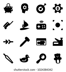 Solid vector icon set - piggy bank vector, brain work, target, money managemet, suitcase, windsurfing, joystick wireless, record button, connect, nail, generator, stapler, forceps, duck toy, beanbag