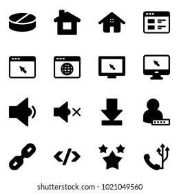 Solid vector icon set - pill vector, home, website, cursor browser, globe, monitor, low volume, off, download, user password, link, tag code, stars, phone