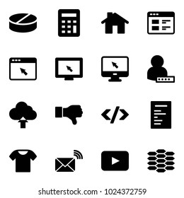 Solid vector icon set - pill vector, calculator, home, website, cursor browser, monitor, user password, upload cloud, dislike, tag code, document, t shirt, wireless mail, playback, carbon