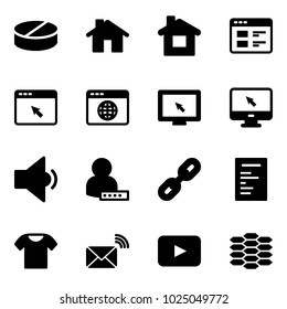 Solid vector icon set - pill vector, home, website, cursor browser, globe, monitor, low volume, user password, link, document, t shirt, wireless mail, playback, carbon