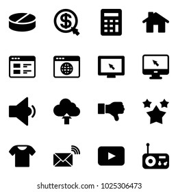 Solid vector icon set - pill vector, money click, calculator, home, website, browser globe, monitor cursor, low volume, upload cloud, dislike, stars, t shirt, wireless mail, playback, radio