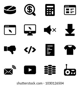 Solid vector icon set - pill vector, money click, calculator, website, cursor browser, monitor, volume off, download, dislike, tag code, document, t shirt, wireless mail, playback, carbon, radio