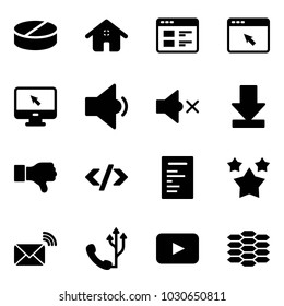 Solid vector icon set - pill vector, home, website, cursor browser, monitor, low volume, off, download, dislike, tag code, document, stars, wireless mail, phone, playback, carbon