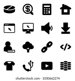 Solid vector icon set - pill vector, money click, calculator, home, cursor browser, monitor, low volume, download, user password, upload cloud, link, tag code, t shirt, phone, playback, carbon
