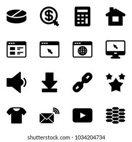Solid vector icon set - pill vector, money click, calculator, home, website, cursor browser, globe, monitor, low volume, download, link, stars, t shirt, wireless mail, playback, carbon