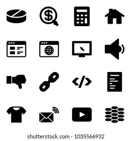 Solid vector icon set - pill vector, money click, calculator, home, website, browser globe, monitor cursor, low volume, dislike, link, tag code, document, t shirt, wireless mail, playback, carbon