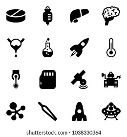 Solid vector icon set - pill vector, drop counter, liver, brain, bladder, round flask, rocket, thermometer, laser, micro flash card, satellite, robot, molecule, forceps, ufo toy