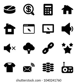 Solid vector icon set - pill vector, money click, calculator, home, cursor browser, monitor, low volume, off, upload cloud, link, stars, t shirt, wireless mail, carbon, radio