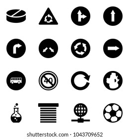 Solid vector icon set - pill vector, round motion road sign, only forward right, detour, circle, bus, end minimal speed limit, reload, globe, flask, jalousie, soccer ball