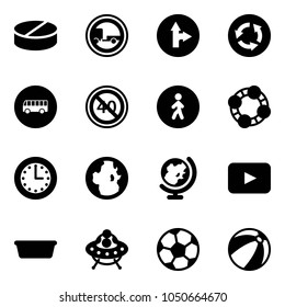 Solid vector icon set - pill vector, no trailer road sign, only forward right, circle, bus, end minimal speed limit, pedestrian way, friends, time, globe, playback, basin, ufo toy, soccer ball