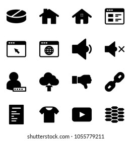 Solid vector icon set - pill vector, home, website, cursor browser, globe, low volume, off, user password, upload cloud, dislike, link, document, t shirt, playback, carbon